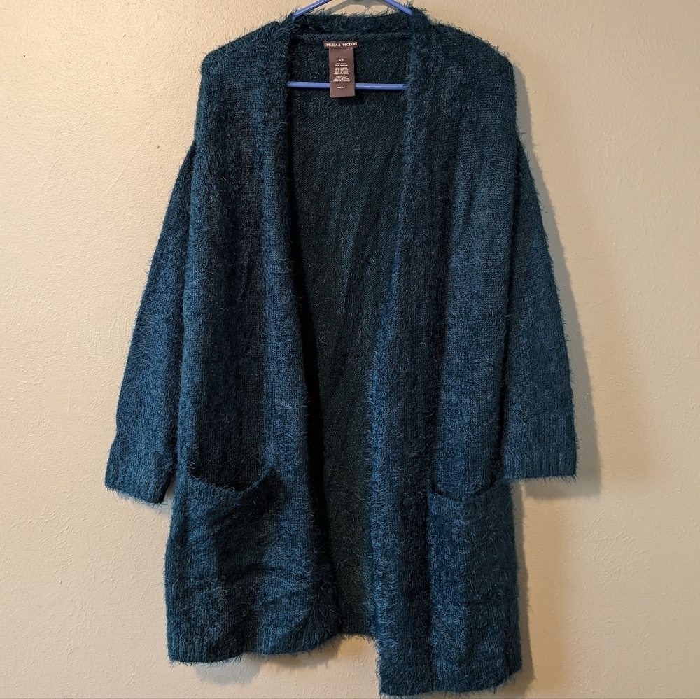 Chelsea & Theodore Turquoise Teal Fuzzy Knit Long Line Open Cardigan Size L - Picture 2 of 6